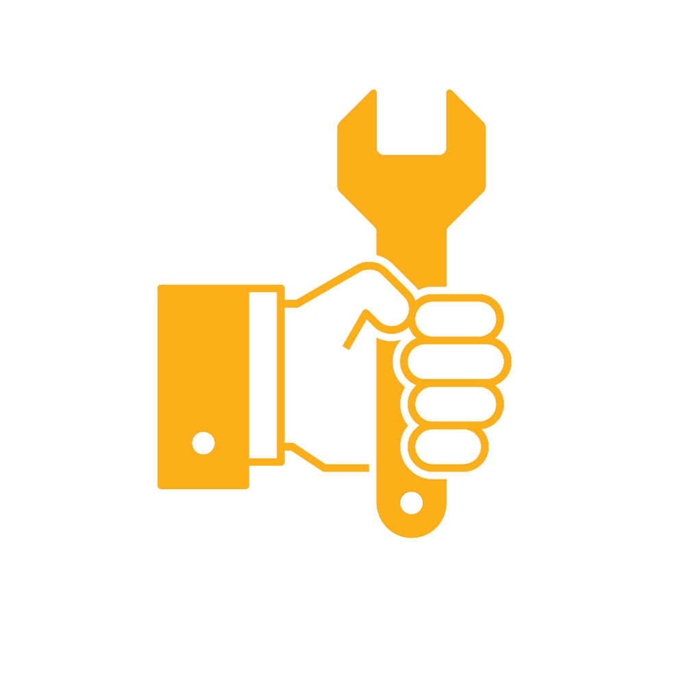 White circle icon with orange icon of hand holding tool.