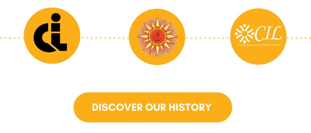 Three versions of CIL logo from oldest to current logo- all placed in same yellow circle graphic. Below is gold yellow rounded rectangle with text on top that says "Discover our history" in white text.