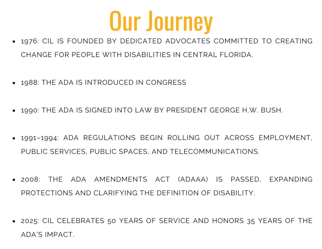 Our Journey" timeline of disability advocacy milestones.