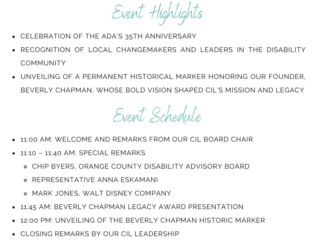 Event highlights and schedule for ADA celebration.