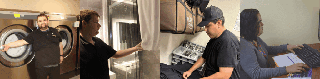 Commercial laundry staff folding and office worker