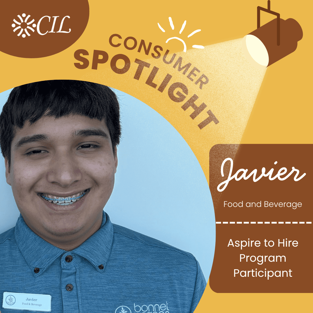 Smiling person in consumer spotlight graphic