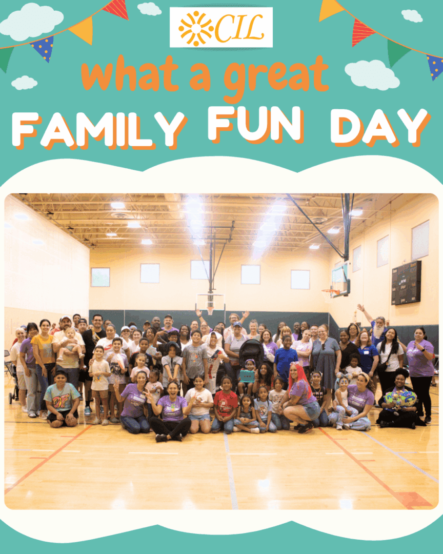 Family fun day group photo in gym