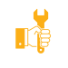 White circle icon with orange icon of hand holding tool.
